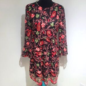 Beige By ECI Womens Embroidered Floral Dress Size 10 Sheer Ruffle Fairycore Boho